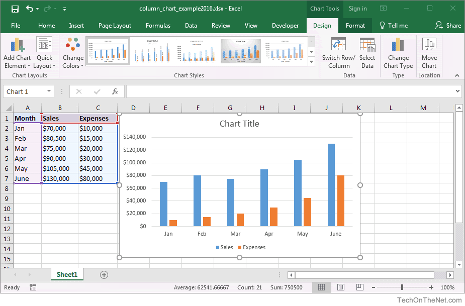 MS Excel 2016 How To Create A Column Chart
